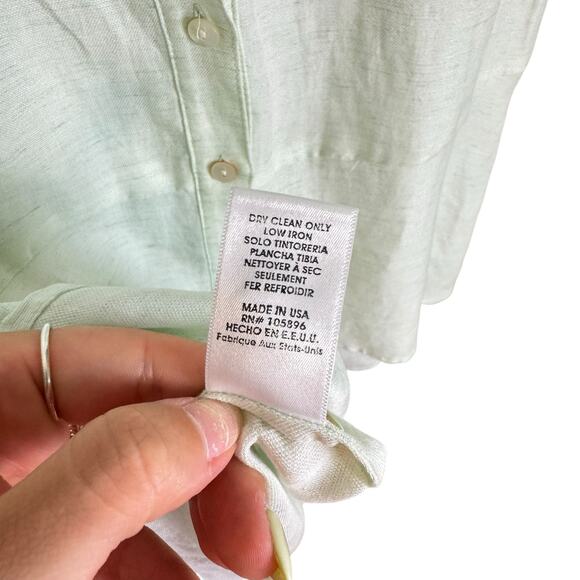 Worth Pastel Green Linen Blend Sleeveless Button Up Ruffle Mock Neck Shirt - Picture 10 of 10